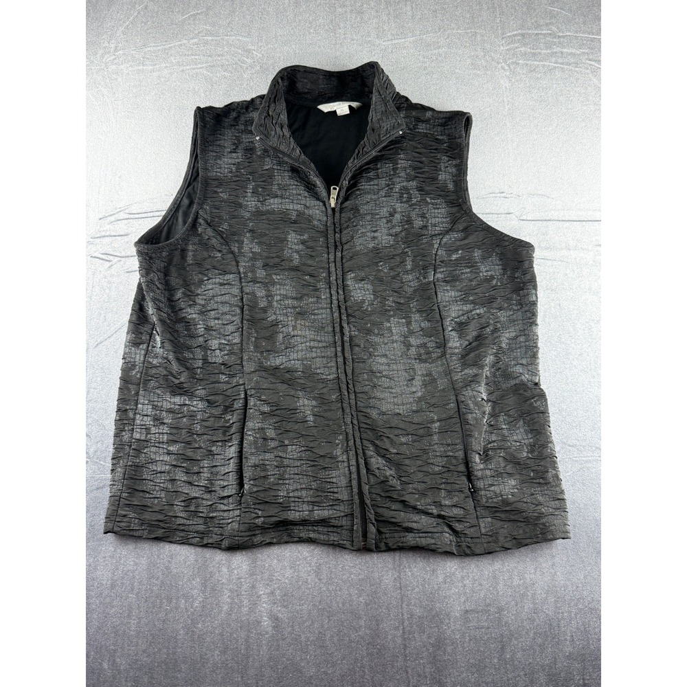 Erin London Womens XL Black Textured Crinkle Metallic Zip Front Mock Neck Vest